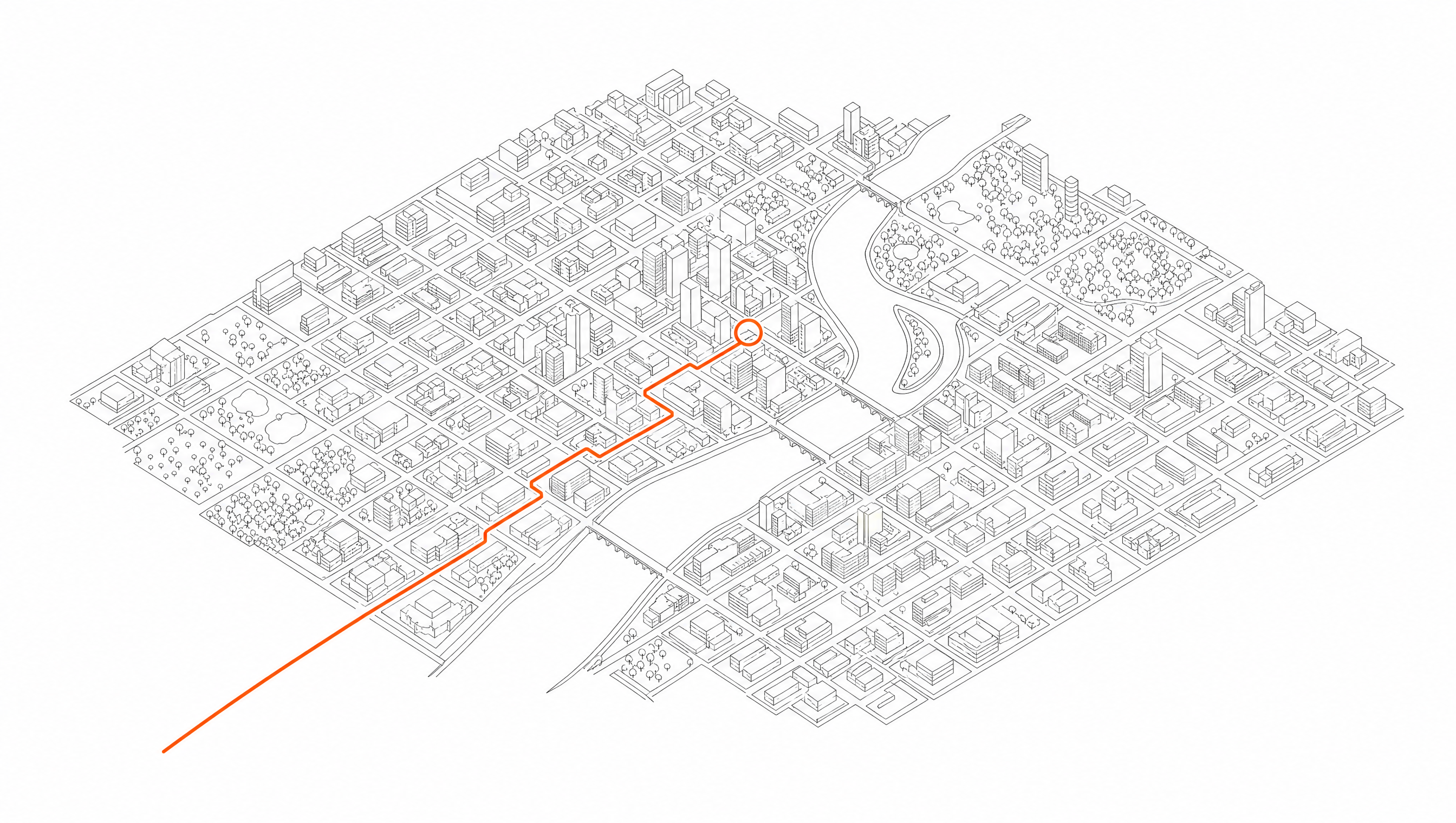 Isometric city drawn in thin ink linework, with a single orange evacuation route threading through the streets to a circled point