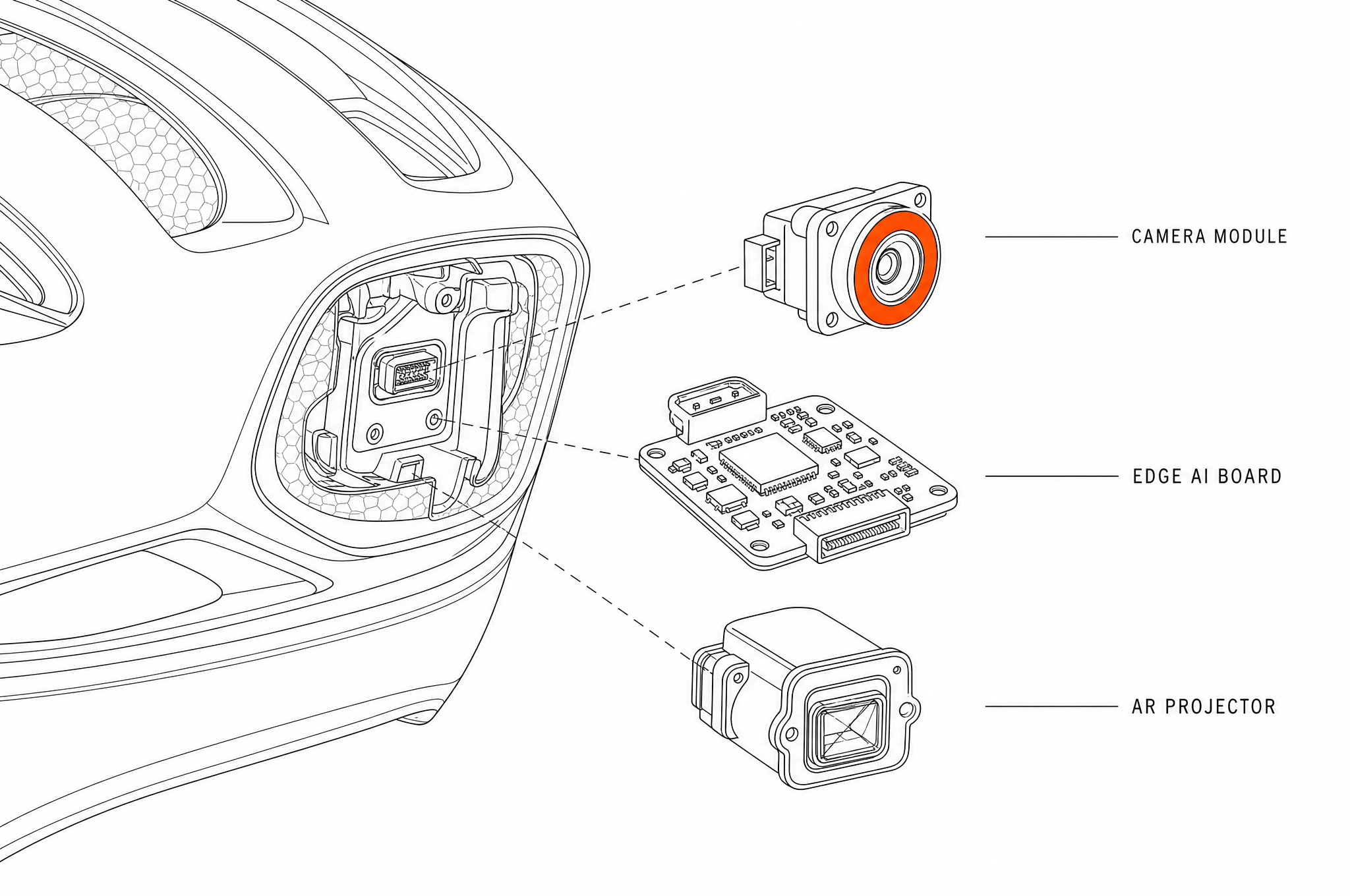 helmet detail close-up: camera array and AR optics
