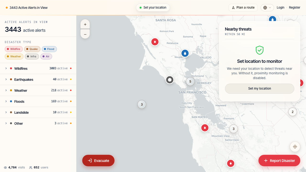 EmergencyPath v2 live map with active alerts